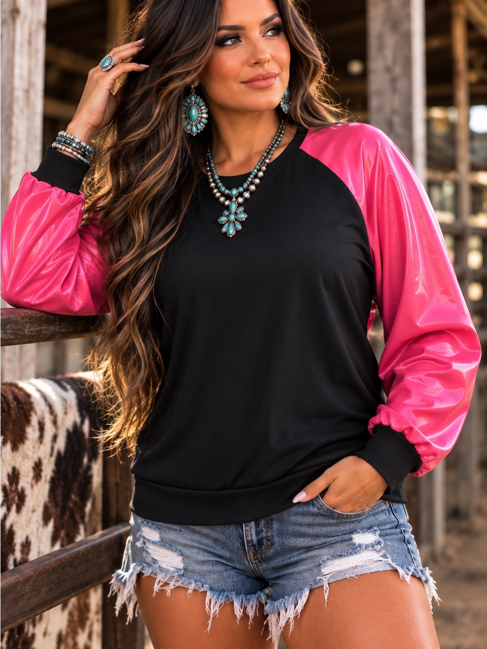 Lucky & Blessed Black Top with Hot Pink Raglan Sleeves